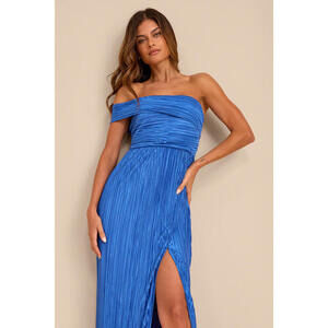 Lulus Poised Performance Blue Plisse One-shoulder Maxi Dress - Size S